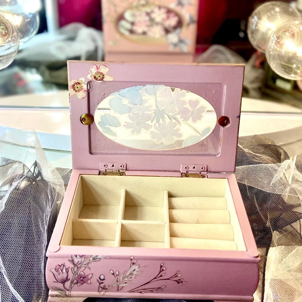 Pink Handmade Floral Painted Jewelry Box Wooden Flower Organizer Velour Interior - Picture 2 of 6